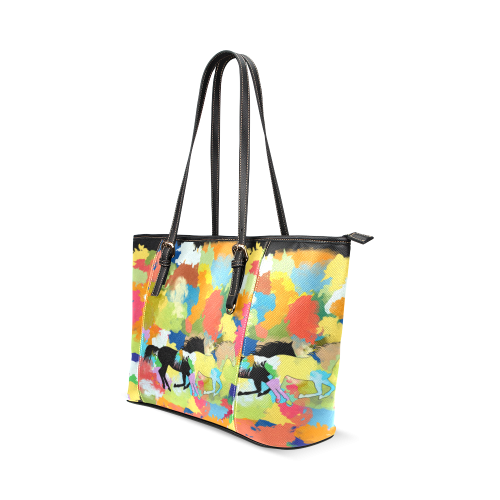 Horse Galloping out of Colorful Splash Leather Tote Bag/Small (Model 1640)