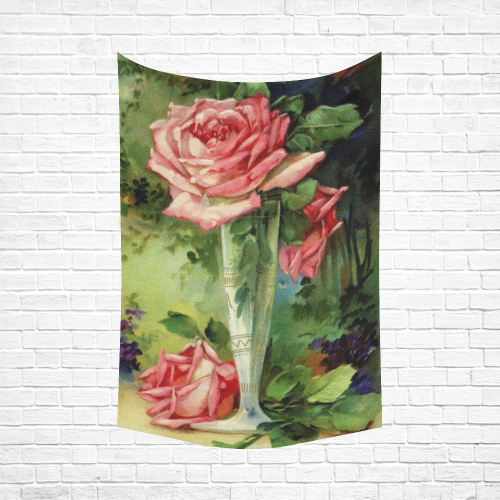 Vintage Vase and Pink Roses Cotton Linen Wall Tapestry 60"x 90"