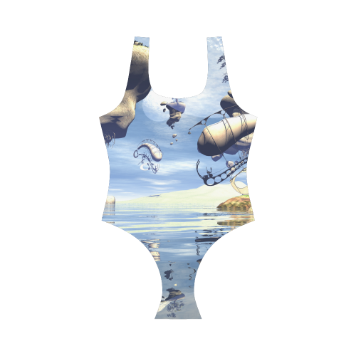 Fantasy world with flying rocks over the sea Vest One Piece Swimsuit (Model S04)