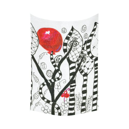 Red Balloon Zendoodle in Fanciful Forest Garden Cotton Linen Wall Tapestry 60"x 90"
