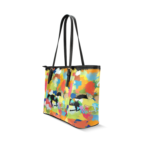 Horse Galloping out of Colorful Splash Leather Tote Bag/Small (Model 1640)