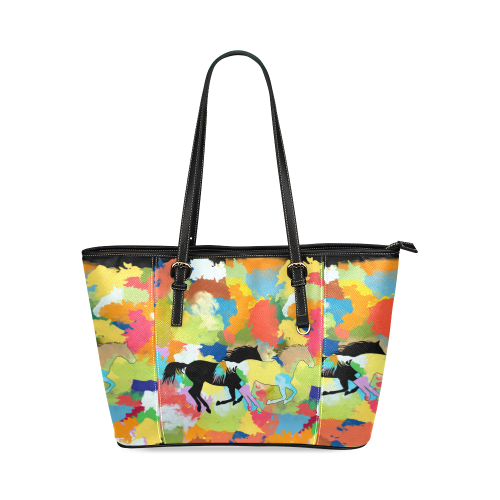 Horse Galloping out of Colorful Splash Leather Tote Bag/Small (Model 1640)