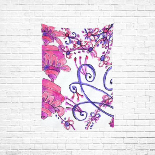 Pink Flower Garden Zendoodle, Purple Gardenscape Cotton Linen Wall Tapestry 40"x 60"