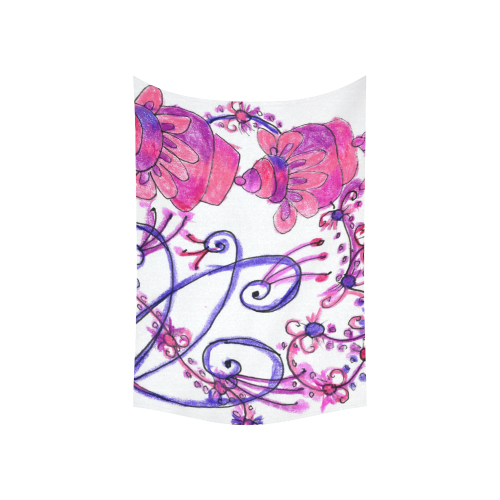 Pink Flower Garden Zendoodle, Purple Gardenscape Cotton Linen Wall Tapestry 60"x 40"