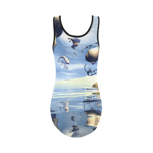 Fantasy world with flying rocks over the sea Vest One Piece Swimsuit (Model S04)