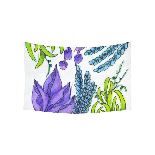 Purple Green Blue Flower Garden, Dancing Zendoodle Cotton Linen Wall Tapestry 60"x 40"
