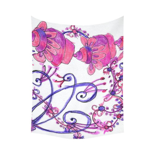 Pink Flower Garden Zendoodle, Purple Gardenscape Cotton Linen Wall Tapestry 80"x 60"