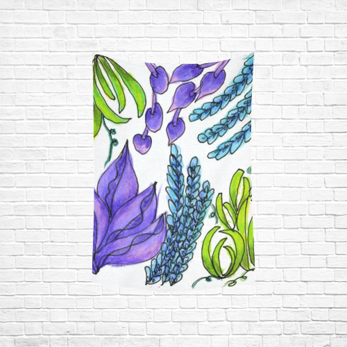 Purple Green Blue Flower Garden, Dancing Zendoodle Cotton Linen Wall Tapestry 40"x 60"