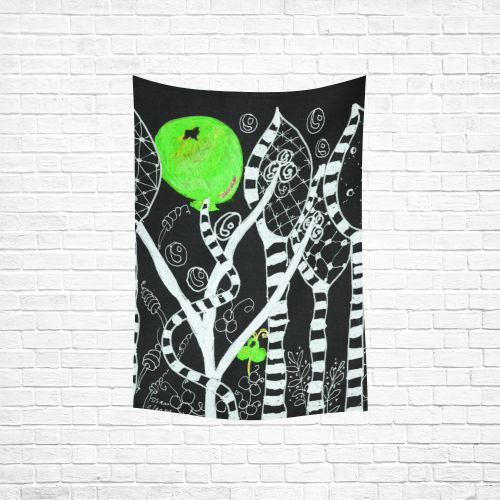 Green Balloon Zendoodle in Night Forest Garden Cotton Linen Wall Tapestry 40"x 60"