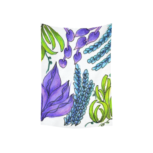 Purple Green Blue Flower Garden, Dancing Zendoodle Cotton Linen Wall Tapestry 40"x 60"