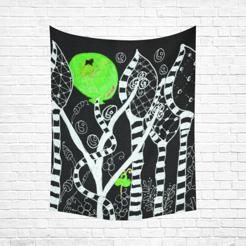 Green Balloon Zendoodle in Night Forest Garden Cotton Linen Wall Tapestry 60"x 80"
