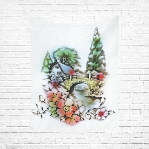 Vintage Home and Flower Garden with Bridge Cotton Linen Wall Tapestry 60"x 80"