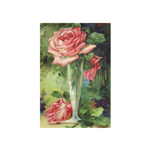 Vintage Vase and Pink Roses Cotton Linen Wall Tapestry 40"x 60"