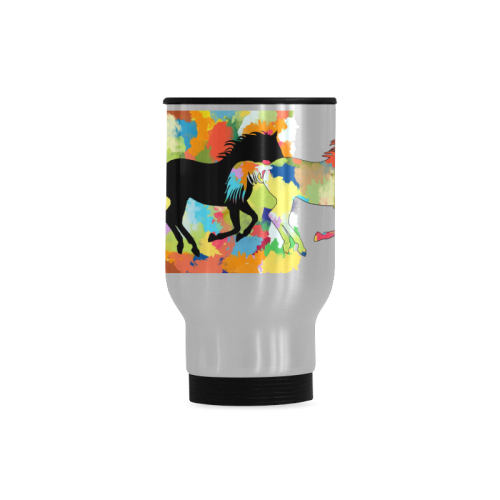 Horse  Shape Galloping out of Colorful Splash Travel Mug (Silver) (14 Oz)