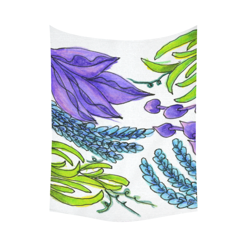 Purple Green Blue Flower Garden, Dancing Zendoodle Cotton Linen Wall Tapestry 80"x 60"