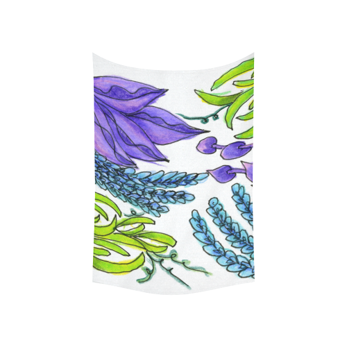 Purple Green Blue Flower Garden, Dancing Zendoodle Cotton Linen Wall Tapestry 60"x 40"