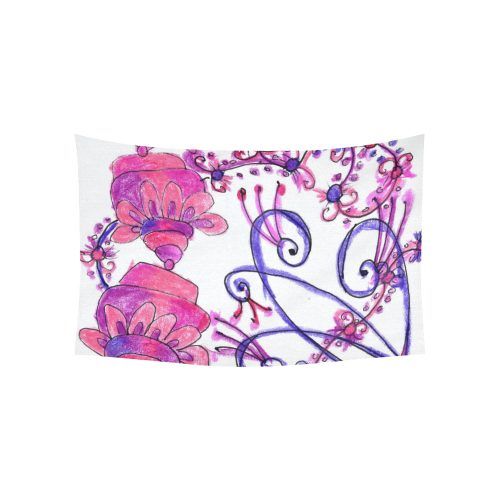 Pink Flower Garden Zendoodle, Purple Gardenscape Cotton Linen Wall Tapestry 60"x 40"