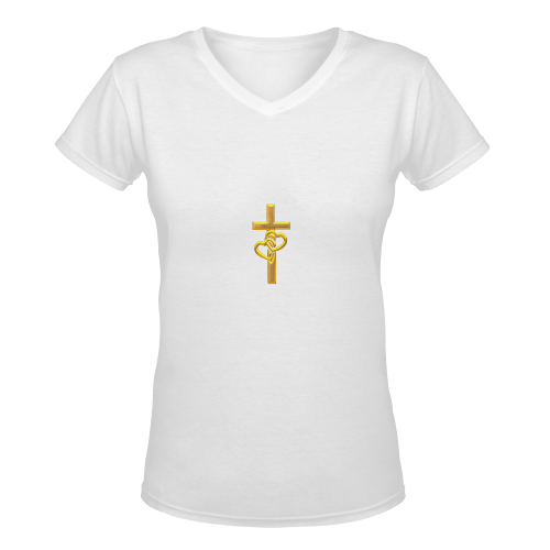 Christian Symbols Golden Cross with 2 Hearts Women's Deep V-neck T-shirt (Model T19)
