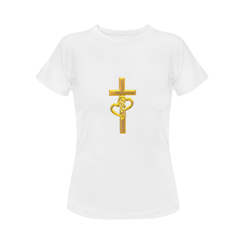Christian Symbols Golden Cross with 2 Hearts Women's Classic T-Shirt (Model T17）
