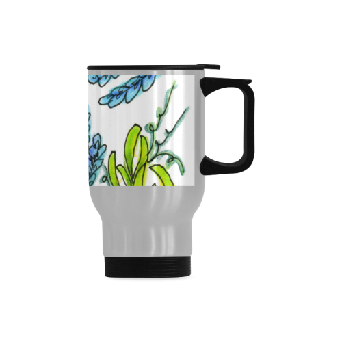 Purple Green Blue Flower Garden, Dancing Zendoodle Travel Mug (Silver) (14 Oz)