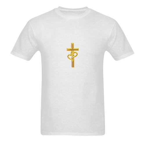 Christian Symbols Golden Cross with 2 Hearts Men's T-Shirt in USA Size (Two Sides Printing)