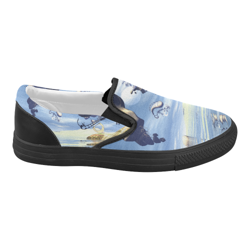 Fantasy world with flying rocks over the sea Women's Slip-on Canvas Shoes (Model 019)