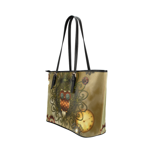 Steampunk cute owl Leather Tote Bag/Large (Model 1651)