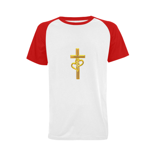 Christian Symbols Golden Cross with 2 Hearts Men's Raglan T-shirt Big Size (USA Size) (Model T11)