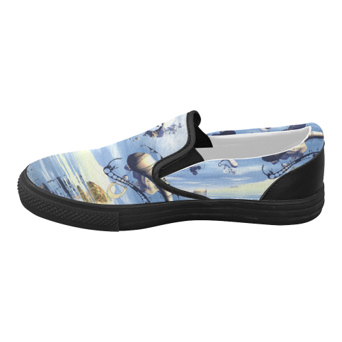 Fantasy world with flying rocks over the sea Women's Slip-on Canvas Shoes (Model 019)