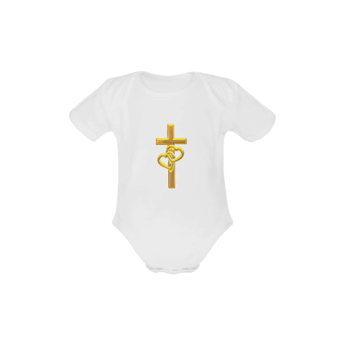 Christian Symbols Golden Cross with 2 Hearts Baby Powder Organic Short Sleeve One Piece (Model T28)