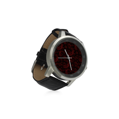 Elegant vintage flourish damasks in  black and red Unisex Stainless Steel Leather Strap Watch(Model 202)
