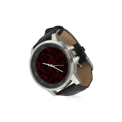 Elegant vintage flourish damasks in  black and red Unisex Stainless Steel Leather Strap Watch(Model 202)
