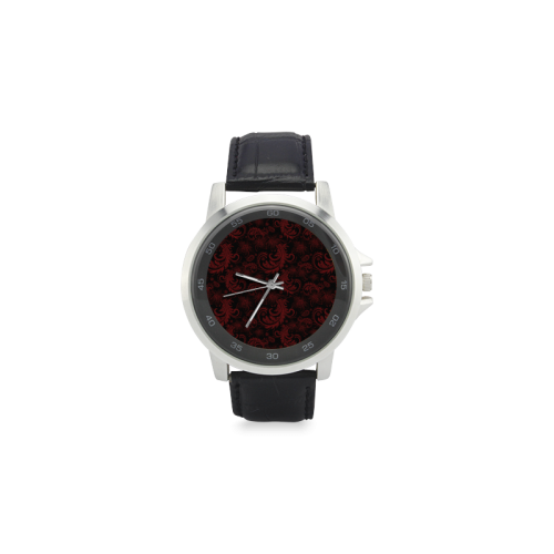 Elegant vintage flourish damasks in  black and red Unisex Stainless Steel Leather Strap Watch(Model 202)