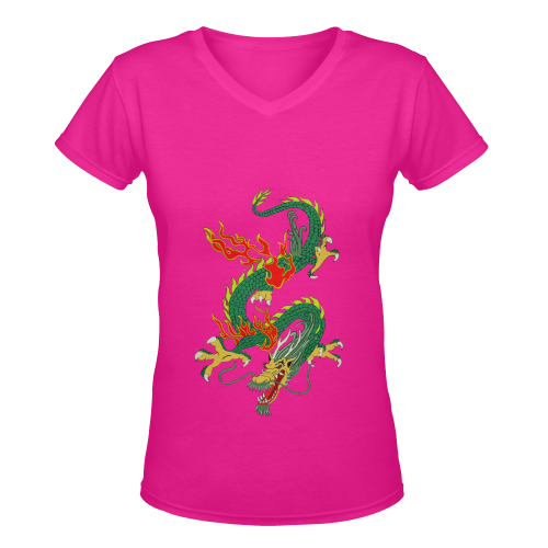 Chinese Dragon Green Women's Deep V-neck T-shirt (Model T19)