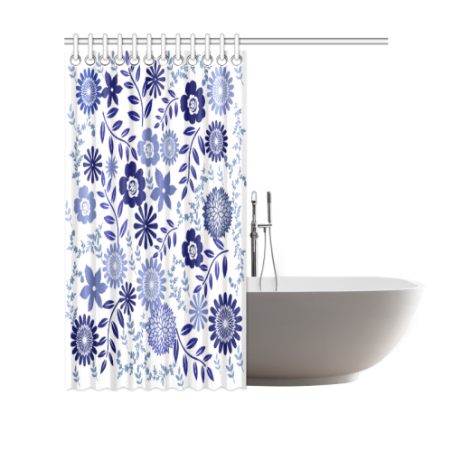 Blue and White Floral Pattern Shower Curtain 69"x70"