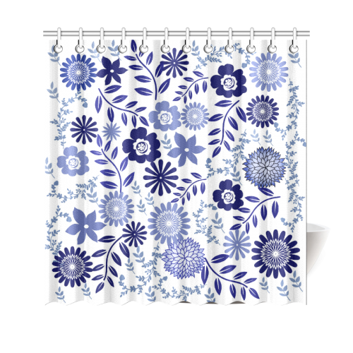 Blue and White Floral Pattern Shower Curtain 69"x70"