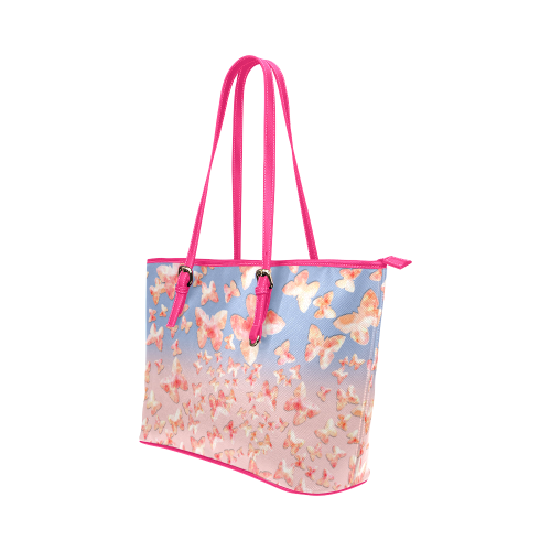 Pink Butterflies Leather Tote Bag/Small (Model 1651)