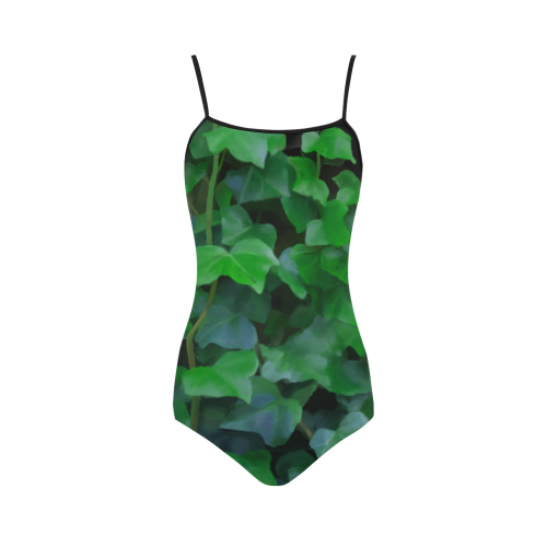 Vines, climbing plant on black Strap Swimsuit ( Model S05)