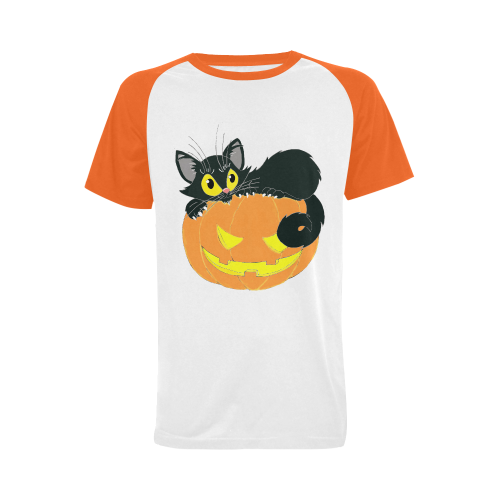 Halloween Black Cat And Pumpkin Men's Raglan T-shirt Big Size (USA Size) (Model T11)
