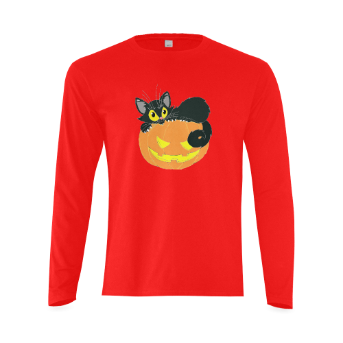Halloween Black Cat And Pumpkin Sunny Men's T-shirt (long-sleeve) (Model T08)