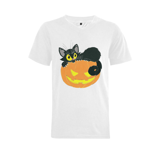 Halloween Black Cat And Pumpkin Men's V-Neck T-shirt  Big Size(USA Size) (Model T10)