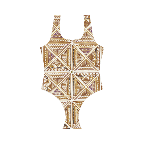 Folklore TRIANGLES pattern brown Vest One Piece Swimsuit (Model S04)