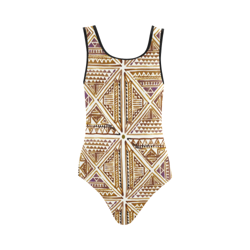 Folklore TRIANGLES pattern brown Vest One Piece Swimsuit (Model S04)