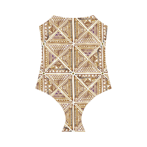 Folklore TRIANGLES pattern brown Strap Swimsuit ( Model S05)