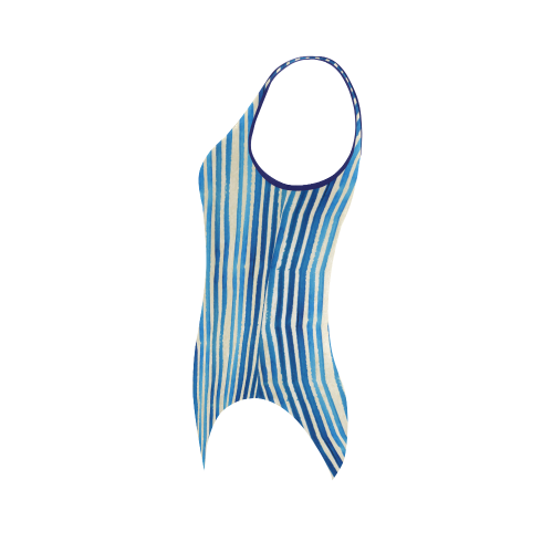 Watercolor STRIPES grunge pattern - blue Vest One Piece Swimsuit (Model S04)