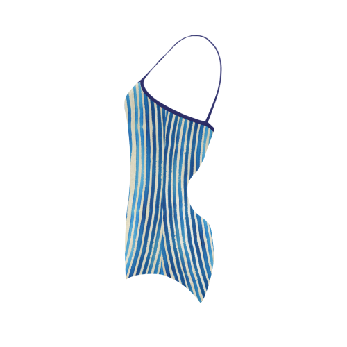 Watercolor STRIPES grunge pattern - blue Strap Swimsuit ( Model S05)