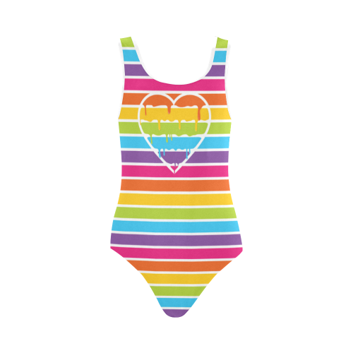 rainbow stripes love heart Vest One Piece Swimsuit (Model S04)