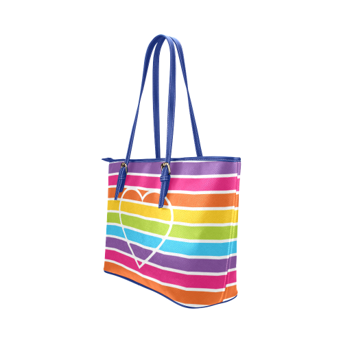 striped love rainbow heart Leather Tote Bag/Small (Model 1651)