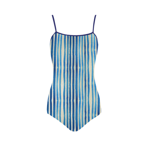 Watercolor STRIPES grunge pattern - blue Strap Swimsuit ( Model S05)