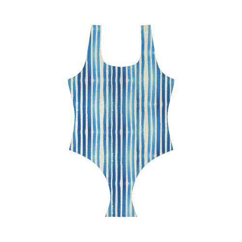 Watercolor STRIPES grunge pattern - blue Vest One Piece Swimsuit (Model S04)